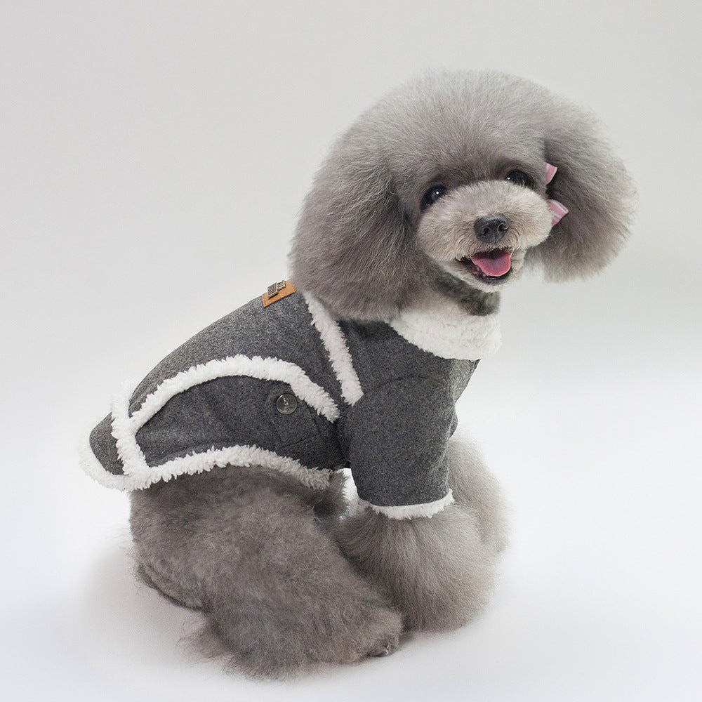 Winter Faux Wool Trim Thick Dog Jacket - Grey/Light Brown