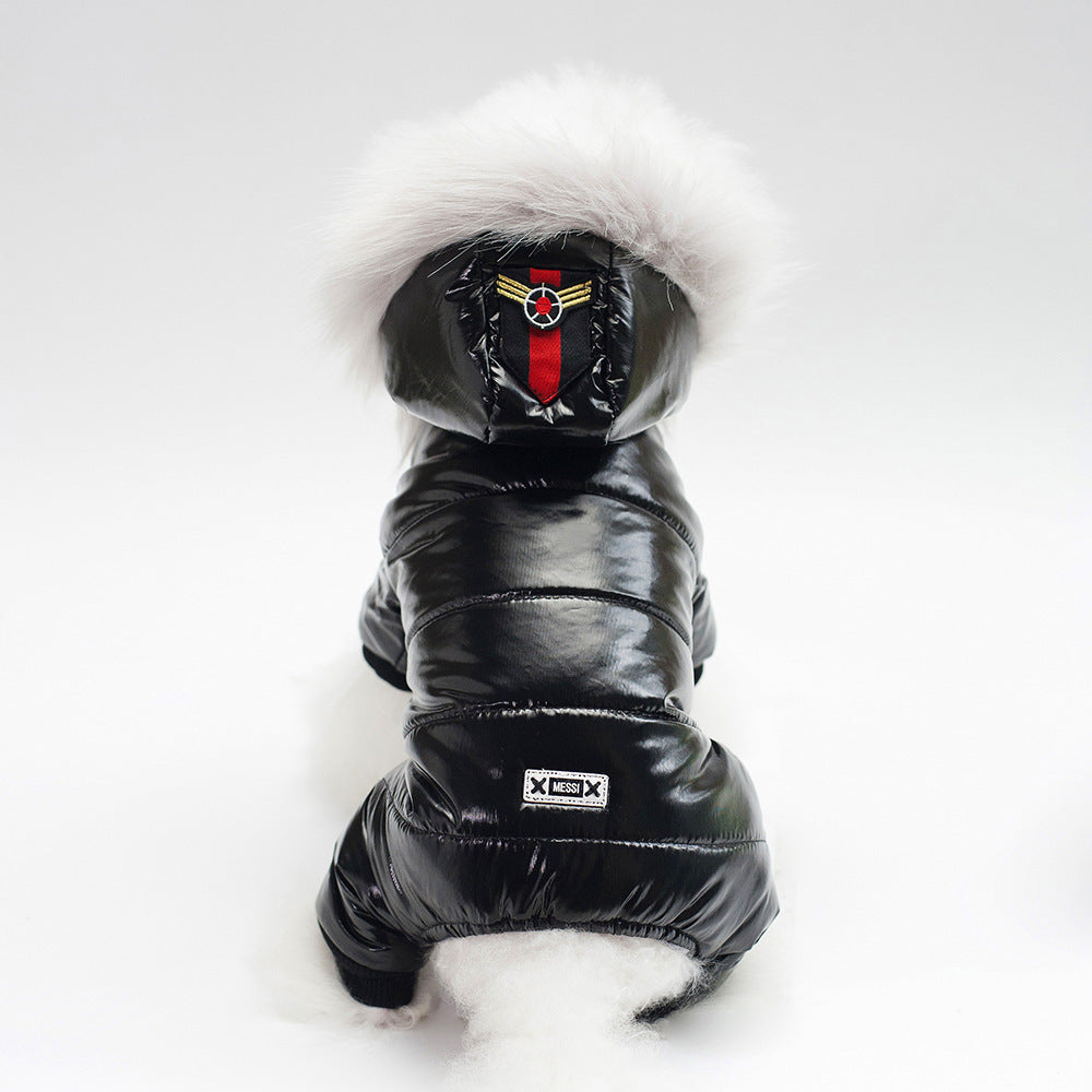 Dog Winter Puffa Jacket With Fur Lined Hood - Black/Brown/Red