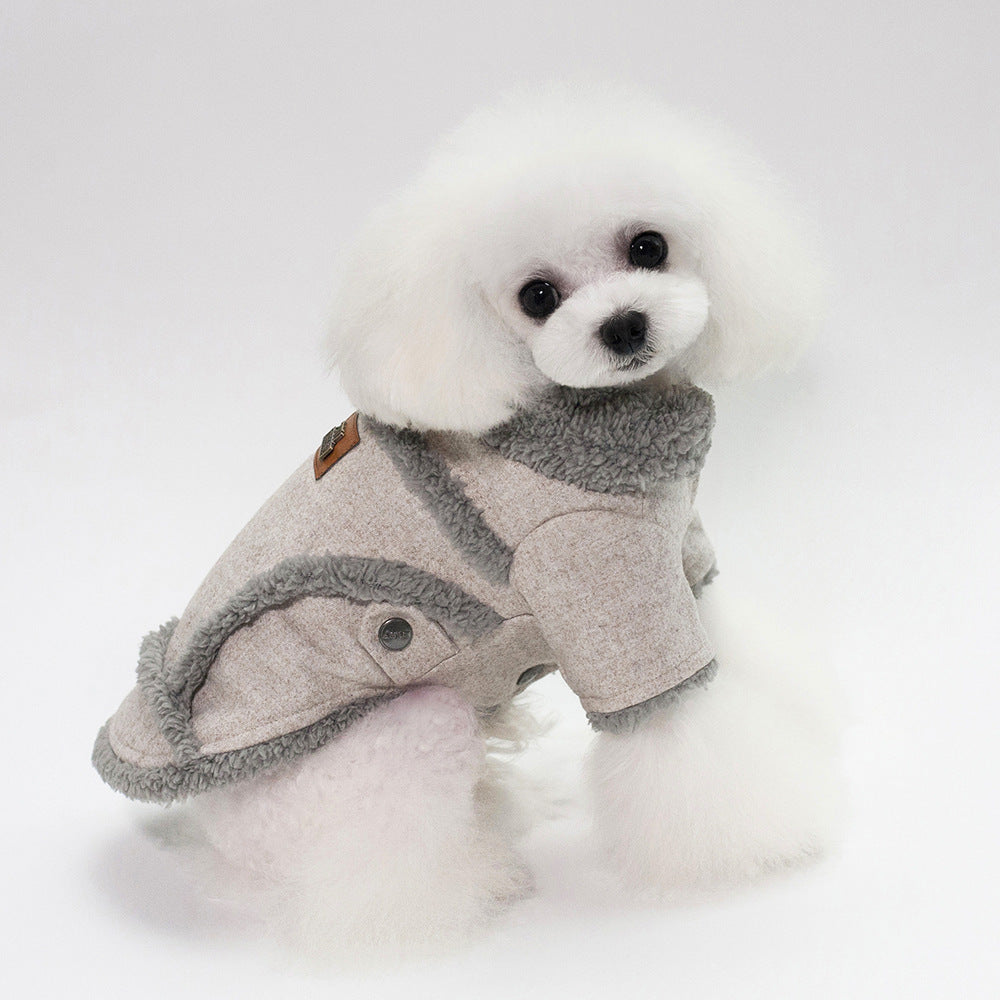 Winter Faux Wool Trim Thick Dog Jacket - Grey/Light Brown